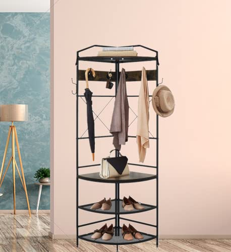 Recaceik Corner Coat Rack, Multifunctional Entryway Corner Shoe Rack with 8 Metal Double Hooks and Storage Shelf, Freestanding Corner Hall Tree Stand Storage for Living Room, Office, Rustic Brown
