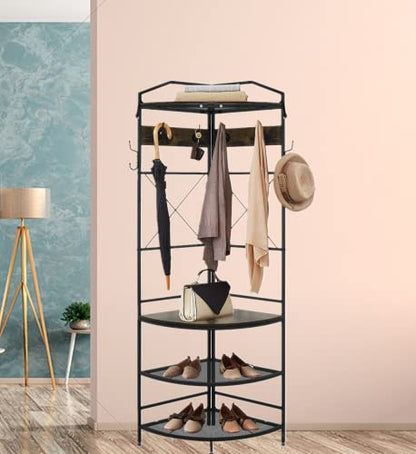 Recaceik Corner Coat Rack, Multifunctional Entryway Corner Shoe Rack with 8 Metal Double Hooks and Storage Shelf, Freestanding Corner Hall Tree Stand Storage for Living Room, Office, Rustic Brown