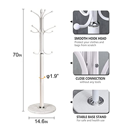 Kertnic Freestanding Coat Rack Stand, Heavy Duty Metal Hall Tree with 12 Hooks, 70 Inch Tall Stable Coat Hanger with 14.6" Natural Marble Base, Entryway Organizer for Coats Bags Hats Purses (White) - color: White
