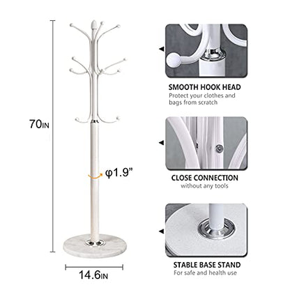 Kertnic Freestanding Coat Rack Stand, Heavy Duty Metal Hall Tree with 12 Hooks, 70 Inch Tall Stable Coat Hanger with 14.6" Natural Marble Base, Entryway Organizer for Coats Bags Hats Purses (White) - color: White