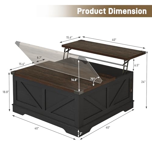 Hlivelood 40” Large Farmhouse Lift Top Coffee Table with Power Outlets and Large Hidden Storage, Square Wood Living Room Tables, Multi-Function Lift Wooden Barn Door Center Table, Black - color: Black
