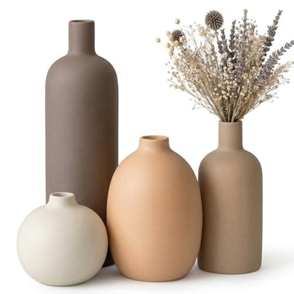 Ceramic Vase Set of 4 – Handmade Modern Minimalist Vases for Dried or Fresh Flowers, Matte Decorative Neutral Vases for Living Room, Table, Shelf & Entryway