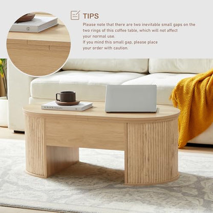 QHITTY Fluted Coffee Table with Lifting Top, Oval Wood Lift Top Coffee Table with Hidden Compartment, Mid Century Pull up Center Tables for Living Room, Office - Natural - color: Round Table-natural