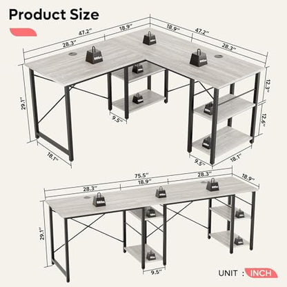 Bestier L Shaped Desk with Shelves 75 Inch Reversible Corner Computer Desk or 2 Person Long Table, Writing Study Desk for Home Office Small Space Bedroom Apartment, Wash White