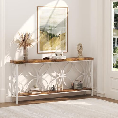 70.9 inch Extra Long Sofa Table, Industrial Console Table Behind Couch | With 2 Tier Storage Shelf, Entryway Table for Entryway, Living Room, Foyer, Hallway, Unique Design, White - color: White