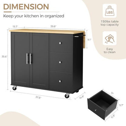 JY QAQA 40" Kitchen Island Cart Furniture cart on Wheels Rolling Portable Dining Room Serving Utility Carts Mobile Movable with Drawers Cabinet,Black - color: Black, size: 40-IN