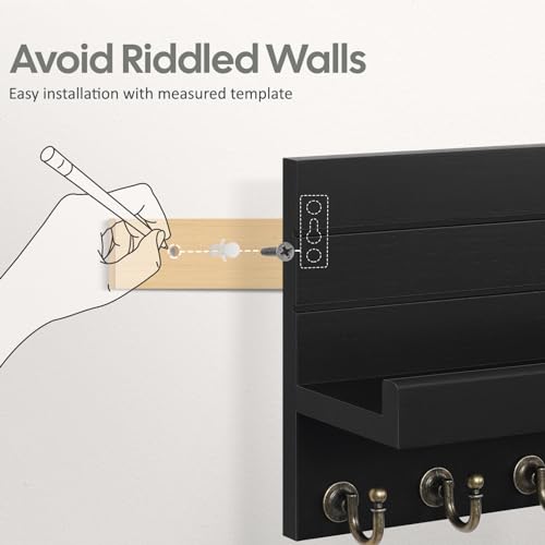 HONJIN Key Holder Wall Mount with Shelf and 5 Sturdy Key Hooks (Black) | Key and Mail Holder for Wall, Wooden Entryway Organizer and Decorative, Easy Installation, 10*3.8*6.85 Inch - color: Black