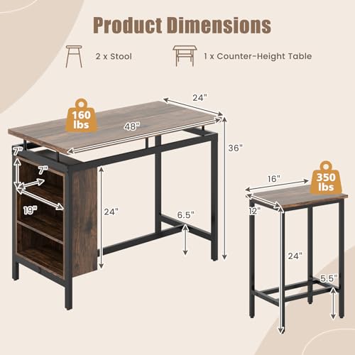 GIANTEX 3-Piece Dining Table Set - Counter Height Dining Table Set with 2 Bar Stools, 3-Tier Storage Shelf, Space-Saving Breakfast Nook Table Set for Small Places, Kitchen Table Chairs Set for 2
