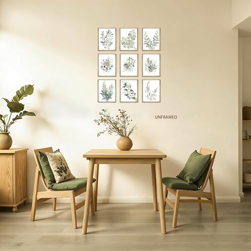 Sage Green Wall Art Set 9, Modern Watercolor Botanical Poster Prints, Unframed Eucalyptus Leaf and Minimalist Floral Picture Wall Decor for Bedroom, Bathroom and Office, 8x10 inch - color: Sage Flowers, size: 10L" x 8W"