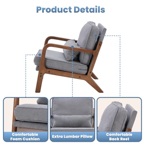 DUMOS Mid Century Modern Accent Chair, 16'' Seat Height Cozy Lounge Chair | Upholstered Armchair with Waist Cushion and Wood Frame for Living Room, Bedroom, Reading Nook, Balcony, Classic Grey - color: Classic Grey, size: 1 Pack