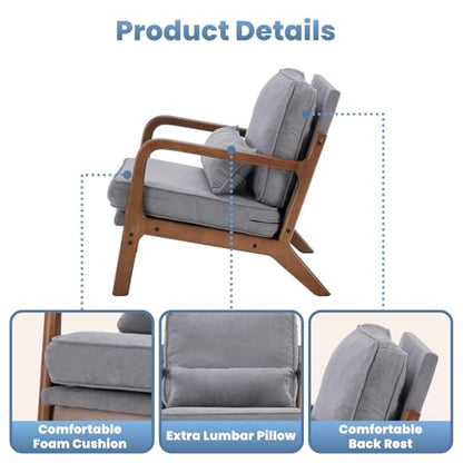 DUMOS Mid Century Modern Accent Chair, 16'' Seat Height Cozy Lounge Chair | Upholstered Armchair with Waist Cushion and Wood Frame for Living Room, Bedroom, Reading Nook, Balcony, Classic Grey - color: Classic Grey, size: 1 Pack