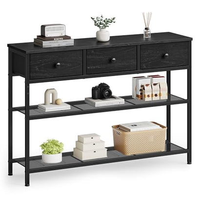 SONGMICS Console Table, Narrow Sofa Table with 2 Mesh Shelves | For Entryway, Living Room, 3 Fabric Drawers, Ebony Black, BELLAH Collection ULGS098B201 - color: Ebony Black, size: 11.8"D x 38.9"W x 31"H (3 Drawers)