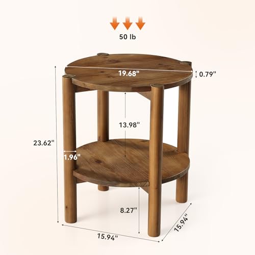 Solid Wood Round Side Table, 2-Tier Small End Table with Storage Shelf, Farmhouse Rustic Nightstand for Living Room, Bedroom, Small Spaces, Easy Assembly (1 PC, Natural Brown)