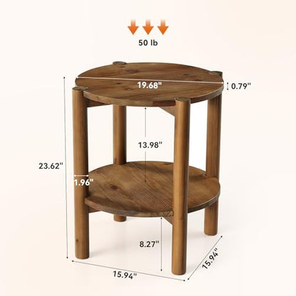 Solid Wood Round Side Table, 2-Tier Small End Table with Storage Shelf, Farmhouse Rustic Nightstand for Living Room, Bedroom, Small Spaces, Easy Assembly (1 PC, Natural Brown)