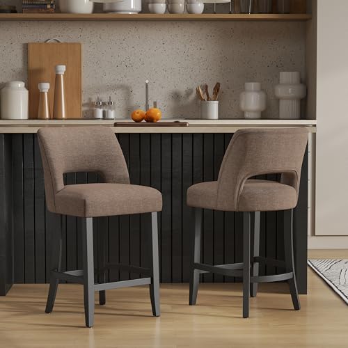 VKNOW Bar Stools Set of 2, 26" Upholstered Counter Height Bar Stools | Modern Counter Stools with Black Rubberwood Legs for Kitchen Island Dining Room Bar, Brown-Black Legs - color: Brown-black Legs, size: Set of 2