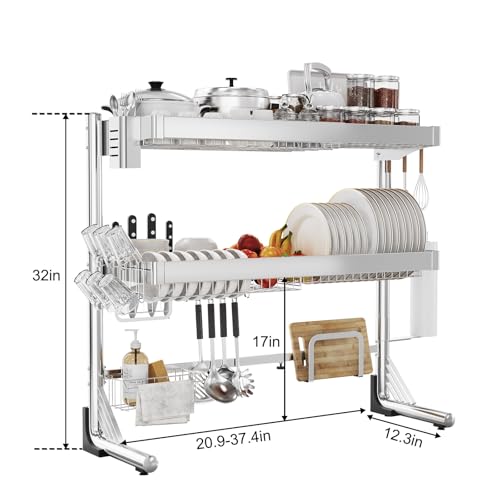 Over The Sink Dish Drainer Drying Rack 3 Tier, Full Stainless Steel Dish Drying Rack Adjustable Length 20.9''-37.4'', Kitchen Sink Shelf, Organized Space-Saving Dish Rack - color: Silver, size: 3 Tier with Flat Grid