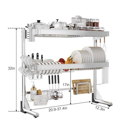 Over The Sink Dish Drainer Drying Rack 3 Tier, Full Stainless Steel Dish Drying Rack Adjustable Length 20.9''-37.4'', Kitchen Sink Shelf, Organized Space-Saving Dish Rack - color: Silver, size: 3 Tier with Flat Grid