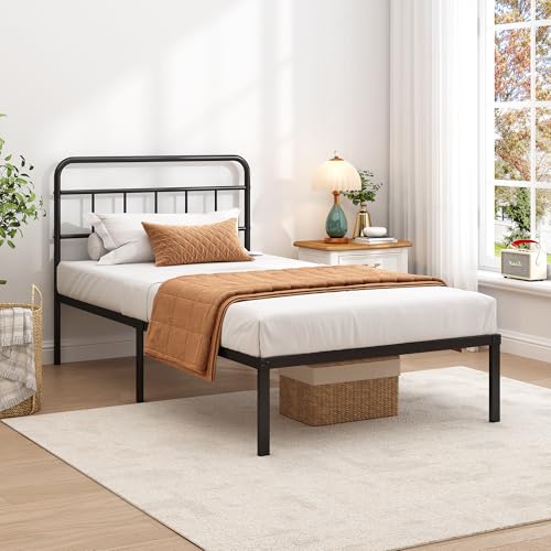 Twin Bed Frame with Classic Headboard, Black | Strong Metal Slats Support,Under Bed Storage Space,No Box Spring Needed,Easy to Assemble - size: Twin