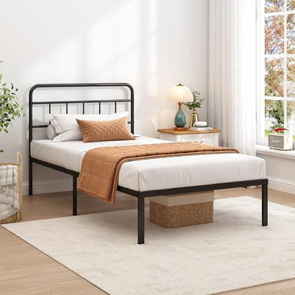 Twin Bed Frame with Classic Headboard, Black | Strong Metal Slats Support,Under Bed Storage Space,No Box Spring Needed,Easy to Assemble - size: Twin