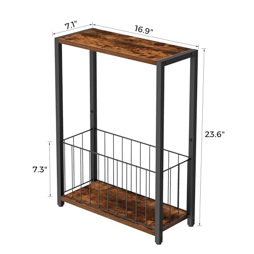 Homleke Narrow Side Table with Magazine Holder, Skinny End Table | Space-Saving Design, Small Spaces, Storage Shelf, Metal Frame, Easy Assembly, 7.1" D x 16.9" W x 23.6" H, Rustic Brown - color: Rustic Brown - Standard