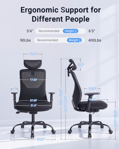 Big and Tall Office Chair, High Back Mesh Chair with Adaptive Gravity Balance Recline, Adjustable Headrest & Lumbar Support, Comfortable Home Office Chair, X-Frame Structure
