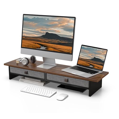 Fenge 35 Inch Monitor Stand with Drawer Storage, Computer Riser for Desk | Wooden Computer Shelf, 2 Tiers, for Dual Monitor/Laptop/PC/TV/Printer up to 55Lbs, Home Office Desk Organizer - color: Brown