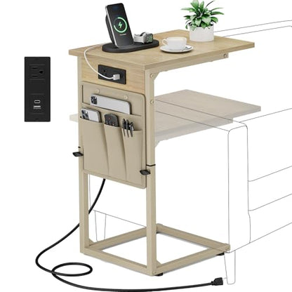C Shaped End Table with Charging Station, Adjustable Height C Table End Table, Small Side Table for Couch, Couch Table Slide Under Sofa Table TV Tray Arm Table for Living Room,Bedroom,Natural - color: Natural Walnut, style: With Plug