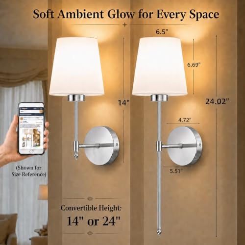 IRONPAX Wall Sconces Battery Operated Set of 2, Wireless Rechargeable Wall Sconce Set of Two, Dimmable Wall Lights with Remote for Bedroom Living Room Hallway Decor (Brushed Nickel, Fabric Shade) - color: Brushed Nickel