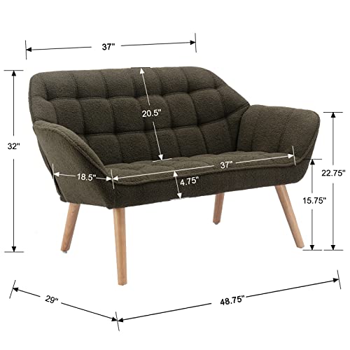 48" Small Loveseat Sofa, Modern Sherpa Mini Sofa Couch 2-Seater Fluffy Love Seat with Quilting Backs and Wood Legs for Living Room, Bedroom and Small Space, Green - color: Green