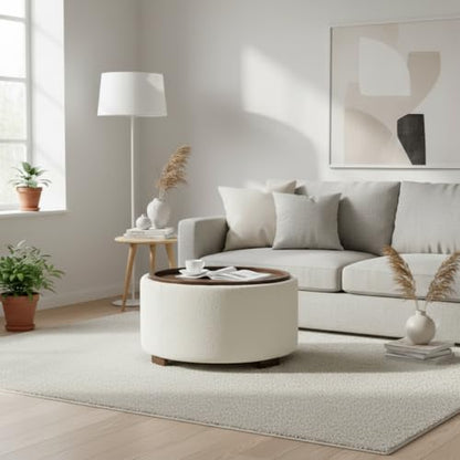 Zihanhome 30 Inch Round Storage Ottoman, Ottoman Coffee Table with Lift Off Lid, Boucle Modern Ottomans with Storage for Living Room, Bedroom, Apartments (Beige) - color: Beige