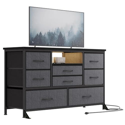8-Drawer LED Dresser TV Stand with Power Outlet for 55'' TV - Wide Storage Chest for Bedroom, Living Room & Entryway, Wood Top Console Table with 22 Light Modes - color: Grey