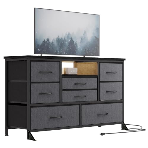 8-Drawer LED Dresser TV Stand with Power Outlet for 55'' TV - Wide Storage Chest for Bedroom, Living Room & Entryway, Wood Top Console Table with 22 Light Modes - color: Grey