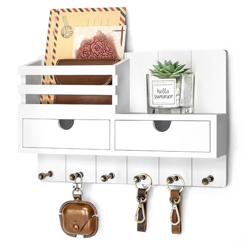 Rebee Vision Key Holder Wall Mount with 2 Drawers for Aesthetic Room, White | Mail Holder, Drawer Organizer, 6 Key Hooks, Home Organization, Mail Sorter, Home Decor, Everyday Storage Organization - color: White