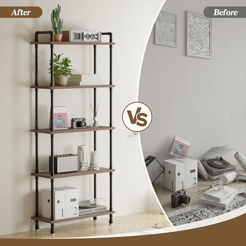 Industrial Bookshelf, Pipe Shelf Bookcase, 5 Tier, 30" Weathered Brown | Solid pine shelves, 30 inch wide, black pipe frame, 35 lbs per shelf, open bookcase for books, plants, office - color: Weathered Brown, size: 30"L × 70"H