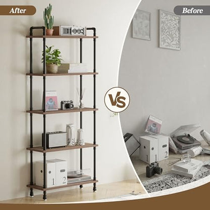 Industrial Bookshelf, Pipe Shelf Bookcase, 5 Tier, 30" Weathered Brown | Solid pine shelves, 30 inch wide, black pipe frame, 35 lbs per shelf, open bookcase for books, plants, office - color: Weathered Brown, size: 30"L × 70"H