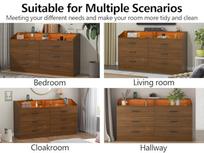6 Drawer Dresser for Bedroom with Charging Station, Dresser with LED Light | Chest of Drawers for Closet, Modern Dressers with Open Storage Cubby, Double Wide Dressers - color: Walnut