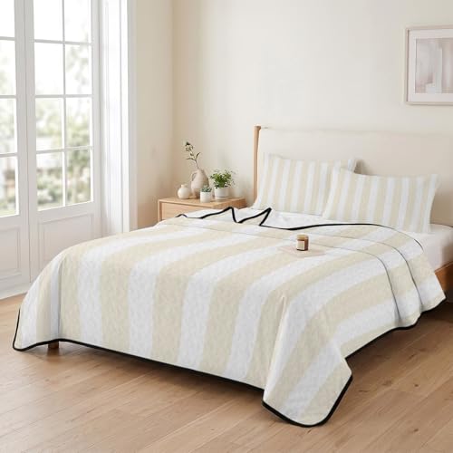 Minimalist Abstract Stripe Art Quilt Set Twin Size, Lightweight Summer Bedspread,Modern Cream and White Line Soft Coverlet Bedding Set for All Season - 3 Pieces (1 Quilt,2 Pillow Shams) - color: Beige, size: Twin