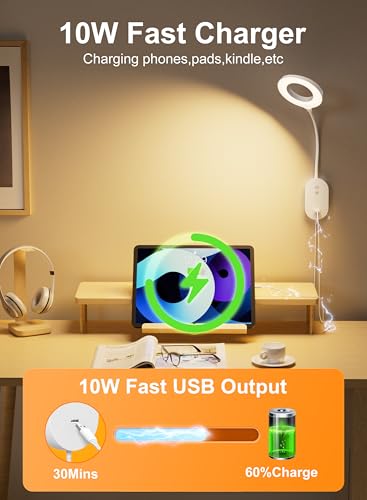 Wall Mounted Reading Light,Bed Headboard Lamp with 10W USB Output Fast, Wall Reading Lamps with 4 Color Modes & 5 Dimmable, Memory Function, 4-Hour Auto Off Ring Light White - color: White