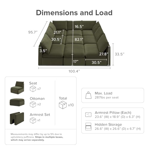 mopio Oversized Modular Sectional Sofa with Fully Removable Covers and Storage, Convertible U, L-Shaped and Sleeper Sectional, Modern Couches with Ottoman Chaise (Olive Green Velvet, 9 Seats, Sleeper) - color: [Gen 2] Olive Green Velvet, size: 9 Seats, Sl