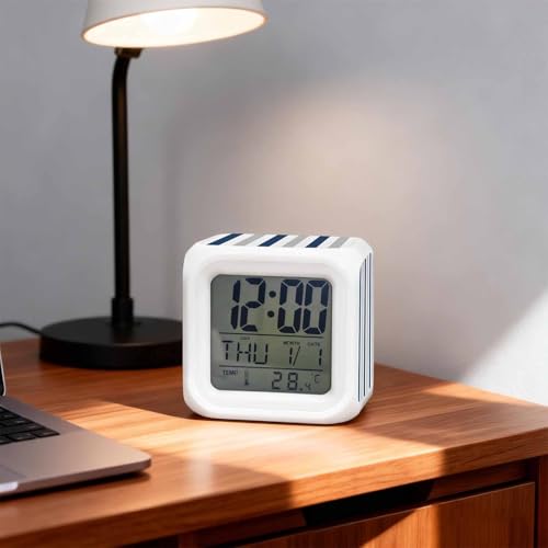 Digital Alarm Clocks for Bedroom,Navy Blue Stripe Gray Linen Cube Alarm Clock with Snooze and Nightlight Geometric Minimalist Style Silent Office Desk Clock Time/Date/Temperature Display - color: Blue