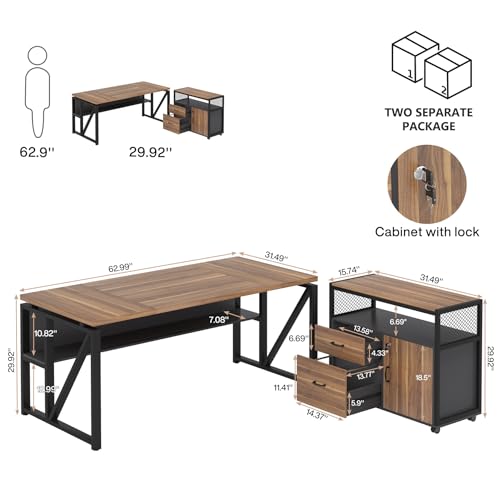 Tribesigns 63" Executive with Drawer Cabinet, L Shaped Desk and Lock lateral File Cabinet, 2 Piece Home Office Furniture Set with Drawers for Hanging File, (Brown, 63 inches) - color: Brown, size: 63 inches