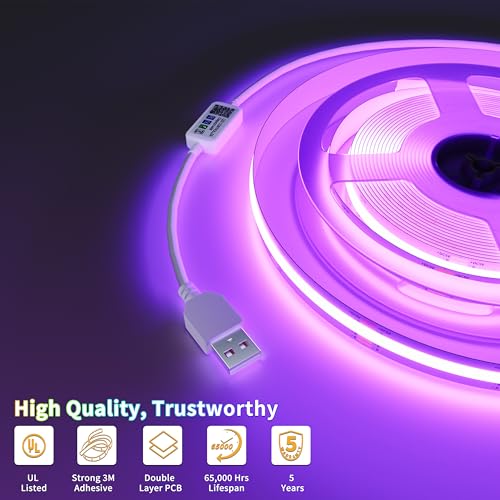 PAUTIX 5V USB RGB COB LED Strip Light 4.92ft/1.5m Color Changing Strip Lights,TV Backlight Multicolor Flexible Under Cabinet Tape Lights with Bluetooth Control for Bedroom,Kitchen,Home DIY Lighting - color: RGB (Red, Green, Blue)