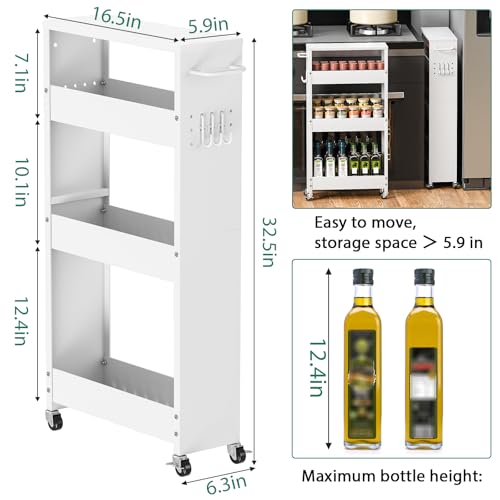 XYZLVSI Slim Storage Cart, Narrow Kitchen Rolling Cart for Small Spaces | 5.9" W skinny storage cart, 12.4" bottom metal utility cart with 360° swivel wheels for bathroom/laundry, slim shelf, white - size: 5.9IN-White
