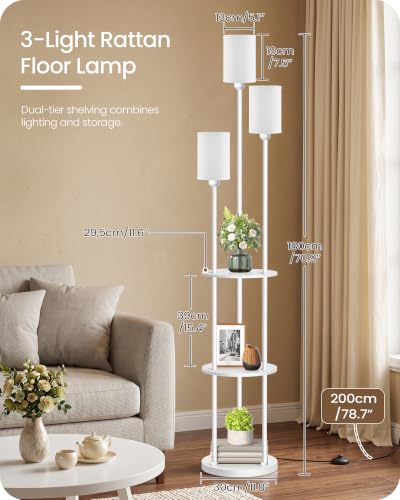 Floor Lamp with Shelves, Modern Floor Lamp with 3 Linen Shades and Foot Switch, 3-Light Standing Lamp, for Living Room, Bedroom, Study, Office, White W53LD05 - color: White