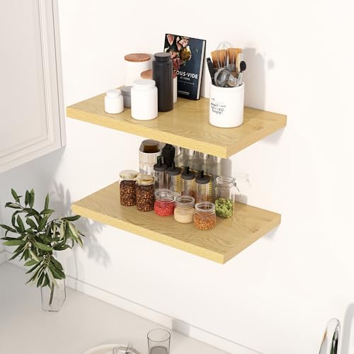 Dreamland 24" Floating Shelves for Wall, 12" Deep Slim Oak Floating Shelves, Wall-Mounted Shelves for Bedroom, Living Room, Kitchen, Bathroom - Set of 2 - color: Oak, size: 24"W x 12"D x 1.3"H, Set of 2