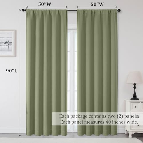 Sally Sage Green Blackout Curtains 90 Inches Long 2 Panels Set for Bedroom Living Room, Solid Thermal Insulated Privacy Room Darkening Window Treatment Drapes, 2 Pcs Each W50 x L90 Inch, Sage - color: Sage Green, size: 50"W x 90"L (Pack of 2)