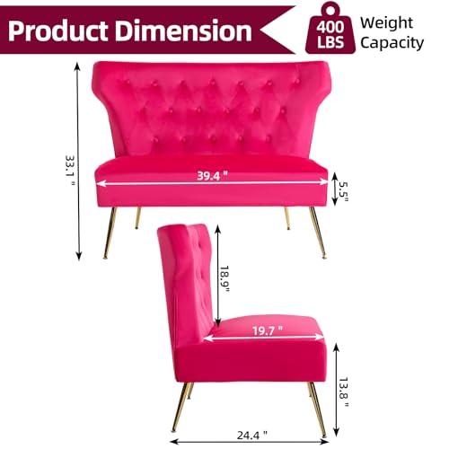 ZJhome Small Velvet Sofa, Soft Upholstered 40’’ Armless Loveseat Couch with High Density Foam, Modern Tufted Cushion with Gold Legs for Bedroom, Dorm, Apartment, Girls, Teens, Easy Assembly,Fuchsia - color: Fuchsia, size: 40‘’ button