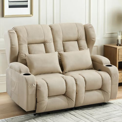 Loveseat Recliner Sofa,RV Wall Hugger Recliners for Small Spaces,Reclining Loveseat Sofa Recliner with Cup Holders/Lumbar Pillows,RV Furniture (Beige, 56" 2-Seater) - color: Beige, size: 56" 2-Seater
