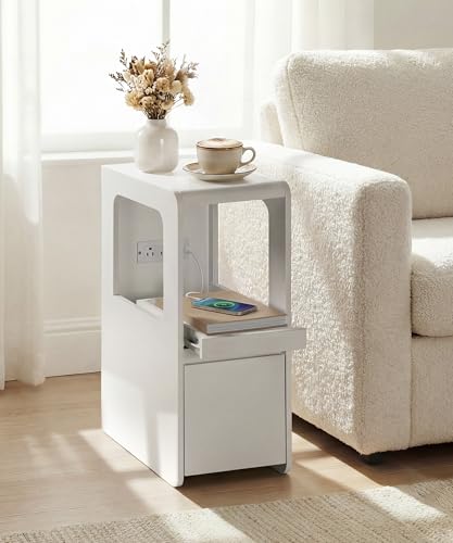 White Narrow Side Table, Slim End Table with Charging Station | Skinny nightstand with Drawers for couch, Wood, Modern, Sofa Bedside Table Tray for Living Room Bedroom Small Spaces, 8.9"W