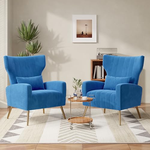 Nebuaegis Velvet Accent Chair Set of 2Wingback for Living Room, High Back Arm Chair with Golden Legs Lumbar Pillow, Upholstered Single Sofa Bedroom Blue - color: Blue, size: Set of 2